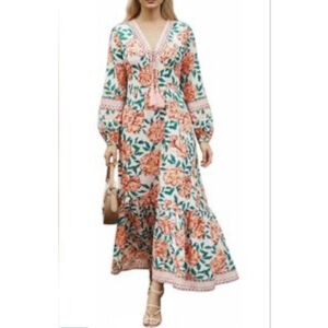 NEW Floral V Neck Flowy Tassel Maxi Long Puff Sleeves Casual Dress M 8/10